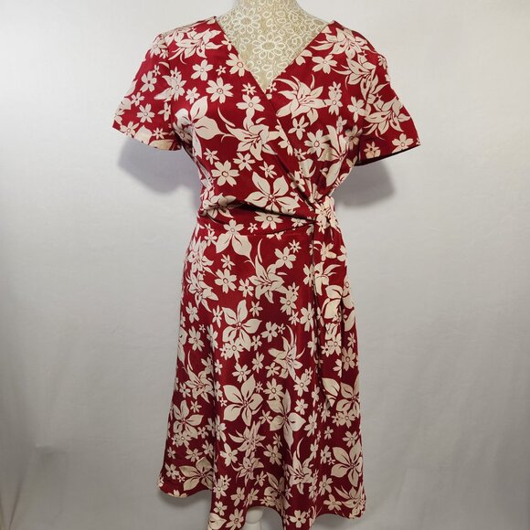 Chadwick’s Vintage SZ 10 Petite Red Floral Print 100% Silk Side Tie Wrap Dress - Picture 1 of 13